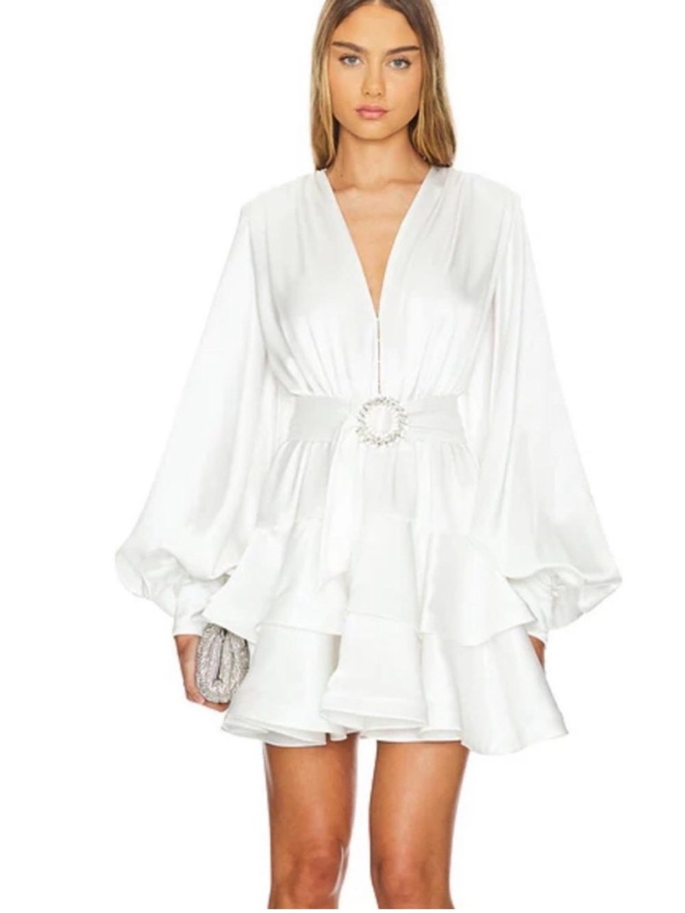 Bronx and Banco White V-Neck Ruffle Mini with Rhinestone Belt